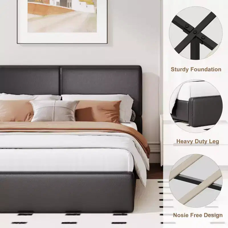 PU Leather Upholstered Platform Bed with Under-Bed Storage and Wood Slats