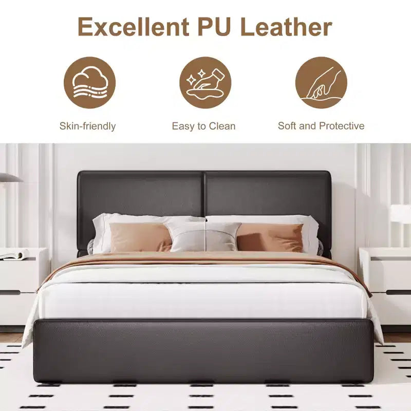 PU Leather Upholstered Platform Bed with Under-Bed Storage and Wood Slats