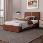 Letto imbottito in pelle sintetica con contenitore e doghe in legno