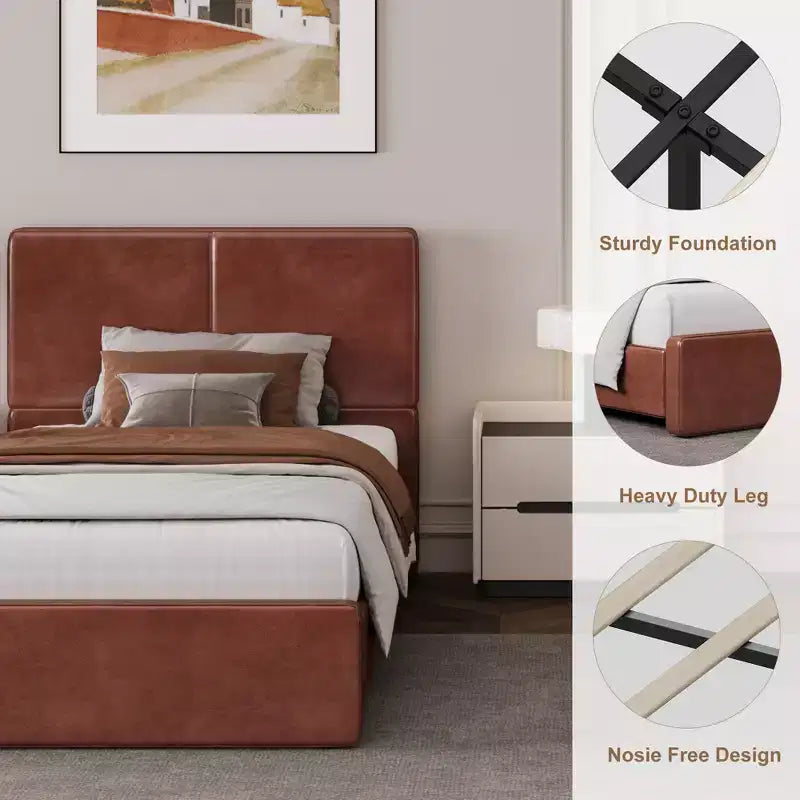 PU Leather Upholstered Platform Bed with Under-Bed Storage and Wood Slats