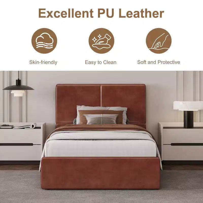 PU Leather Upholstered Platform Bed with Under-Bed Storage and Wood Slats
