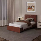 Letto imbottito in pelle sintetica con contenitore e doghe in legno