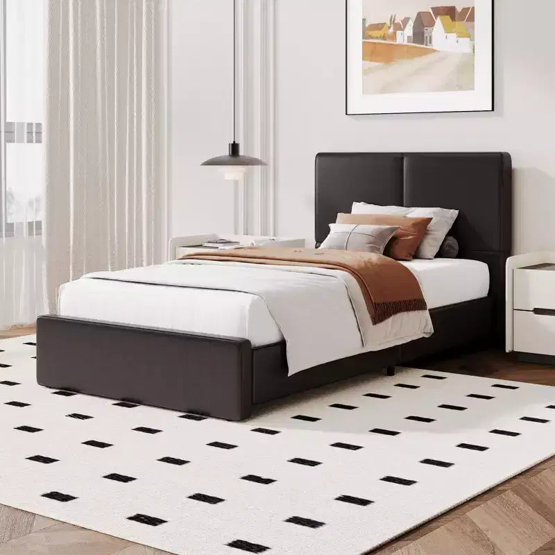 PU Leather Upholstered Platform Bed with Under-Bed Storage and Wood Slats