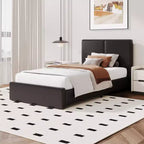Letto imbottito in pelle sintetica con contenitore e doghe in legno