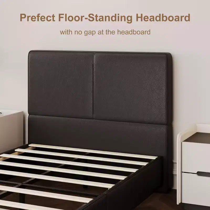 PU Leather Upholstered Platform Bed with Under-Bed Storage and Wood Slats