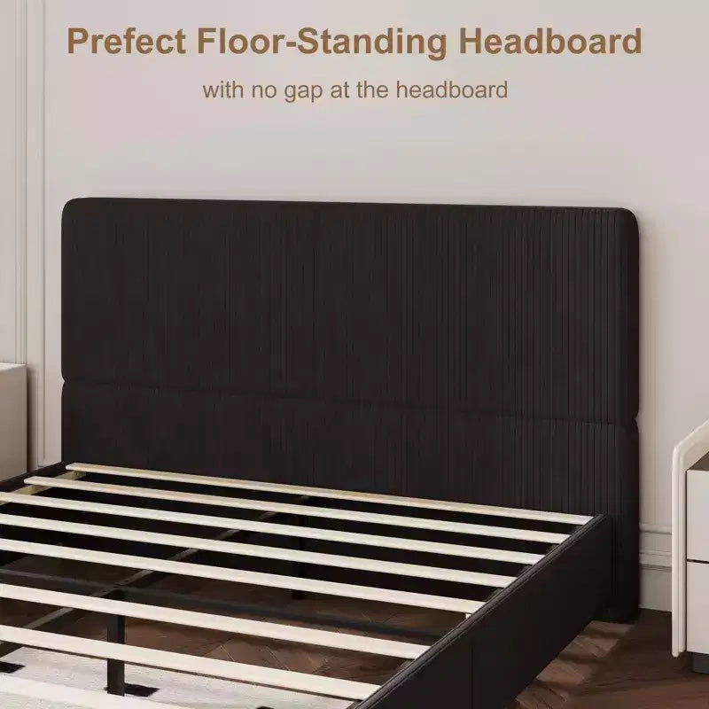 PU Leather Upholstered Platform Bed with Under-Bed Storage and Wood Slats