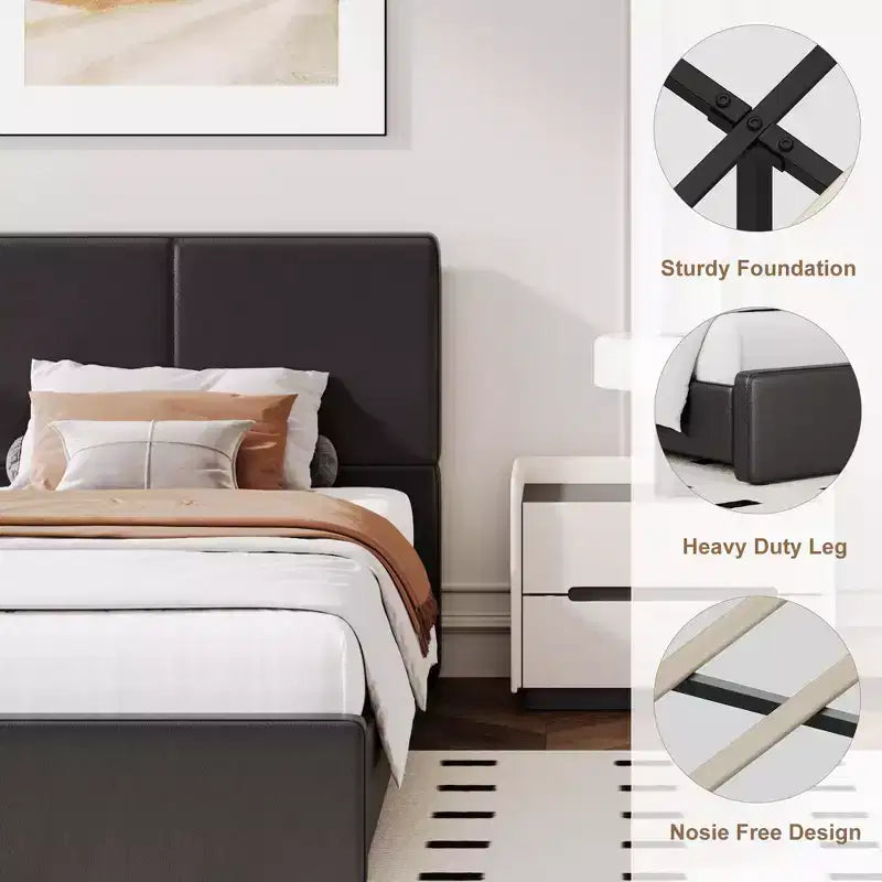 PU Leather Upholstered Platform Bed with Under-Bed Storage and Wood Slats