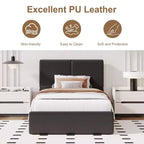 Letto imbottito in pelle sintetica con contenitore e doghe in legno