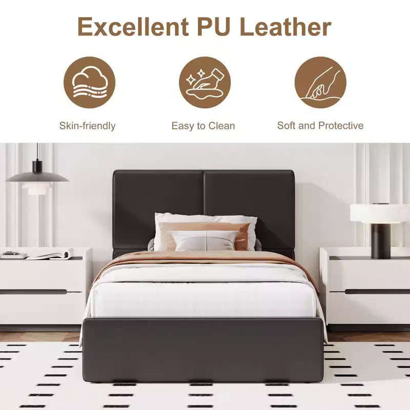 PU Leather Upholstered Platform Bed with Under-Bed Storage and Wood Slats