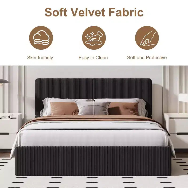 PU Leather Upholstered Platform Bed with Under-Bed Storage and Wood Slats