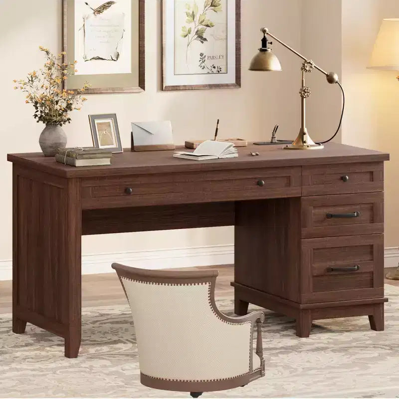 Wood Double Desk with 4 File Drawers for 2-Person Home Office