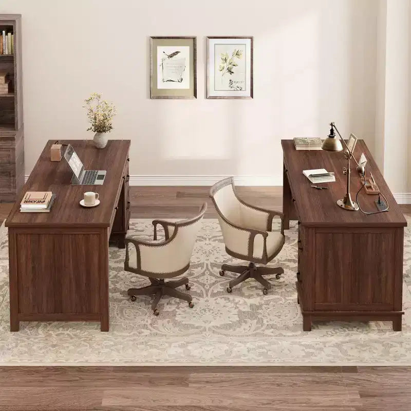 Wood Double Desk with 4 File Drawers for 2-Person Home Office