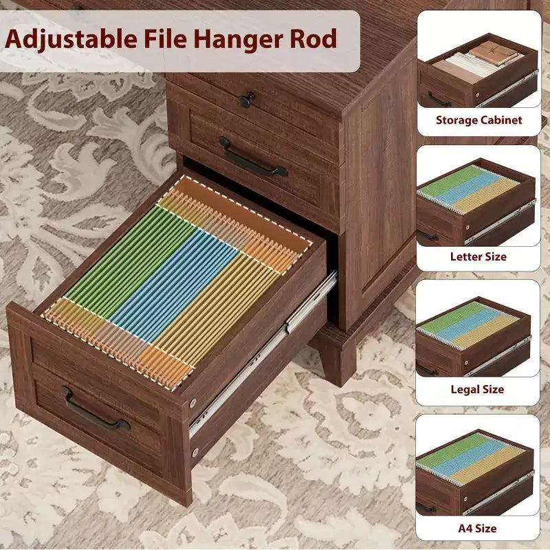 Wood Double Desk with 4 File Drawers for 2-Person Home Office
