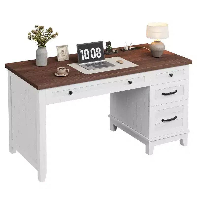 Wood Double Desk with 4 File Drawers for 2-Person Home Office