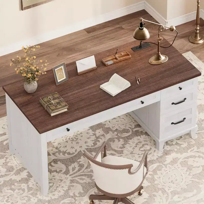 Wood Double Desk with 4 File Drawers for 2-Person Home Office