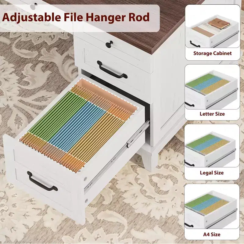 Wood Double Desk with 4 File Drawers for 2-Person Home Office