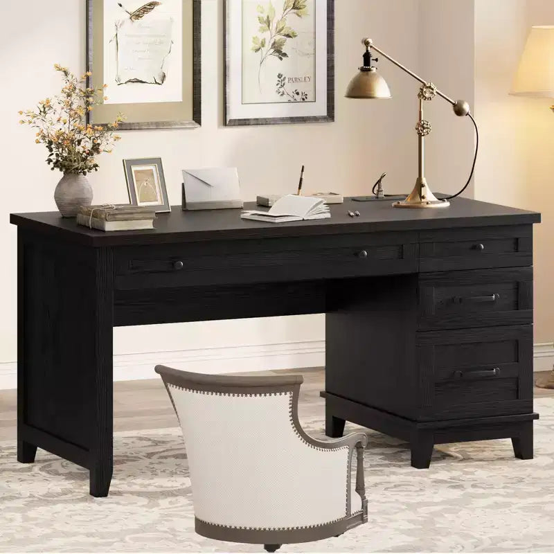 Wood Double Desk with 4 File Drawers for 2-Person Home Office