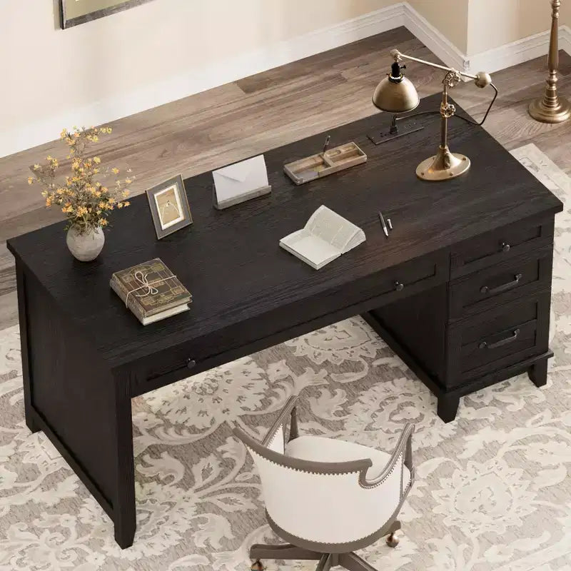 Wood Double Desk with 4 File Drawers for 2-Person Home Office