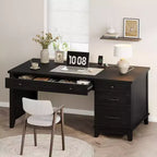 COZONY Rustic Wood Double Desk with 4 File Drawers, 2-Person Writing Table with Spacious Dual Workstation for Home Office