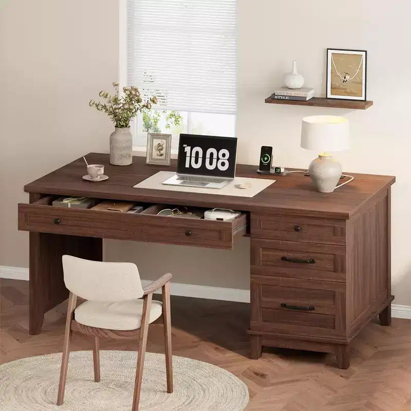 Wood Double Desk with 4 File Drawers for 2-Person Home Office