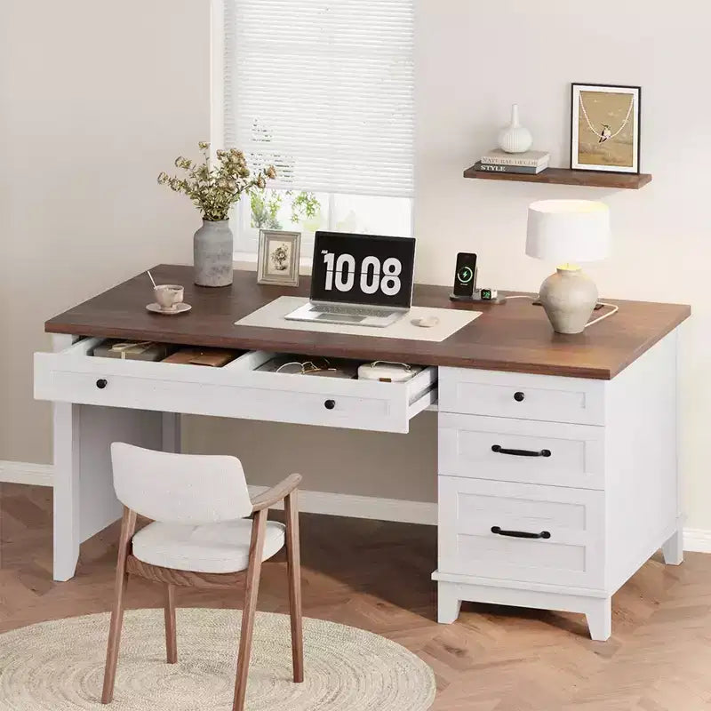 Wood Double Desk with 4 File Drawers for 2-Person Home Office