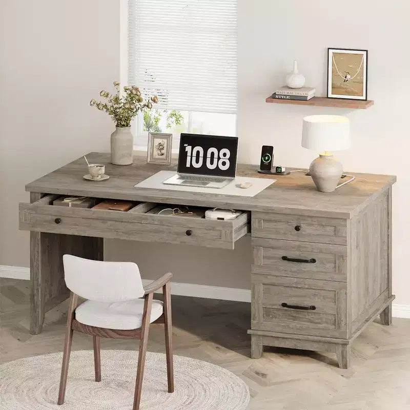 Wood Double Desk with 4 File Drawers for 2-Person Home Office