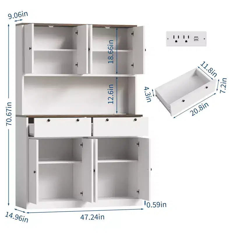 Wood Kitchen Pantry Cabinet with Charging Station 71''x47''