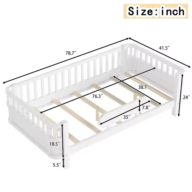 MDF Pine Plywood Kids Platform Bed with Detachable Guardrails 78.7''x41.5''x24''