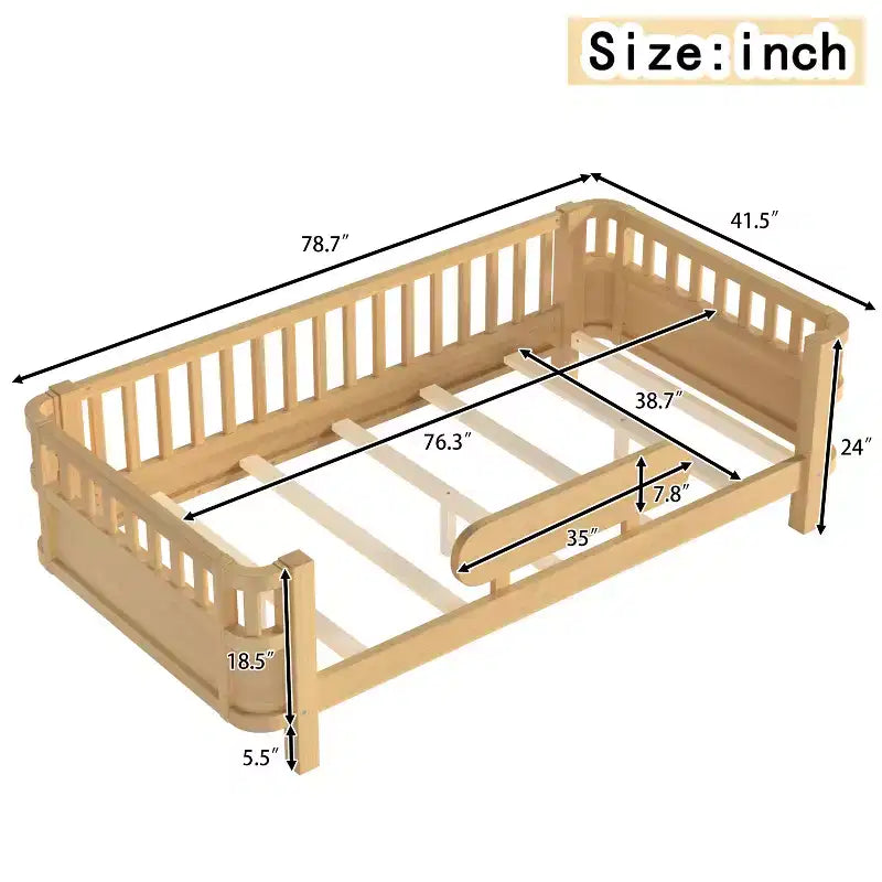 MDF Pine Plywood Kids Platform Bed with Detachable Guardrails 78.7''x41.5''x24''