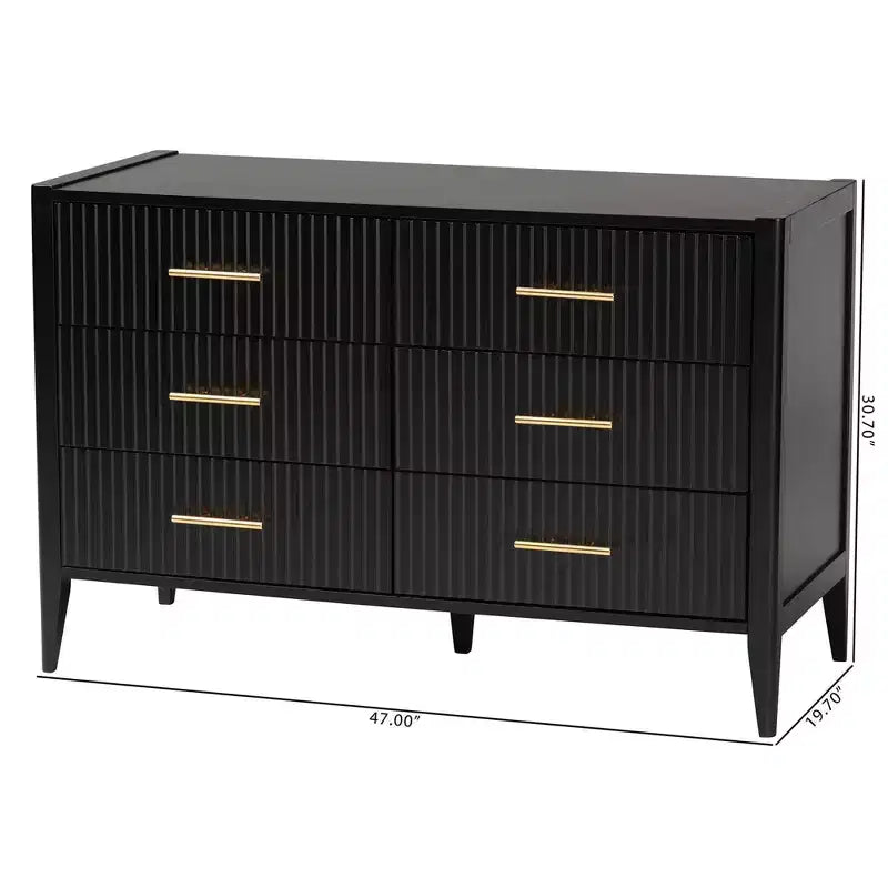 Rubberwood 6-Drawer Dresser with Fluted Panels and Tapered Legs 47''